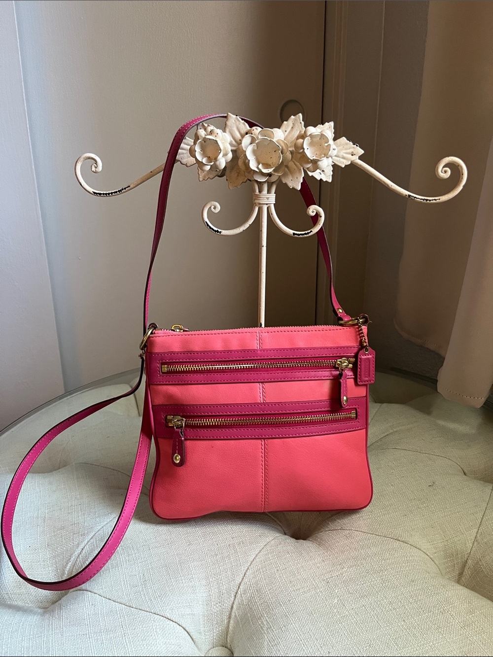 Coach Bonnie Pink Leather Multi  Zipper Crossbody Bag
